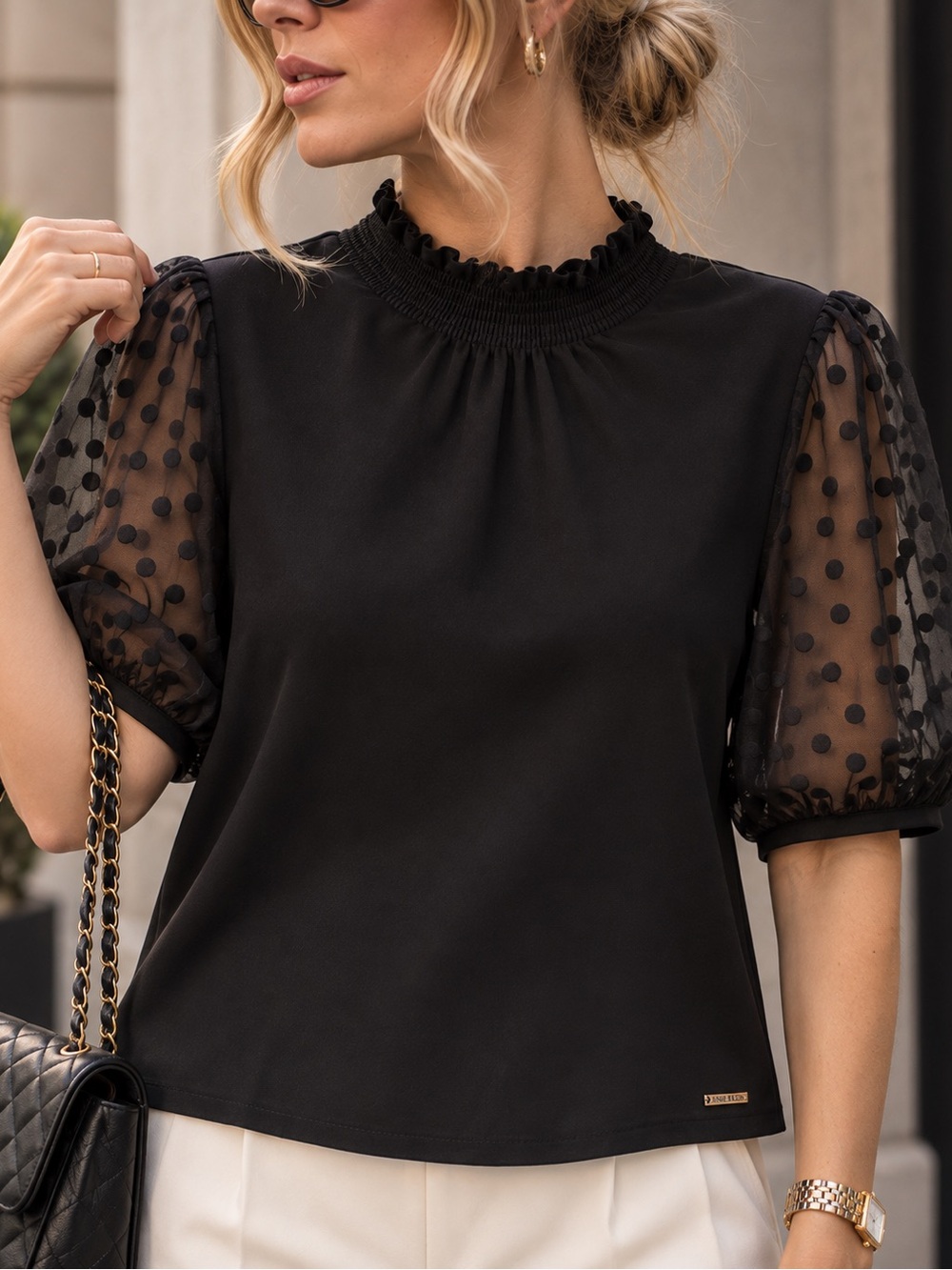 Anne Klein Black Ruffle Neck Puff polka dot Sleeve Blouse